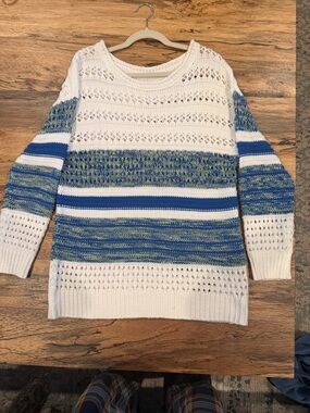 Women’s White and Blue Striped Open-Knit Sweater